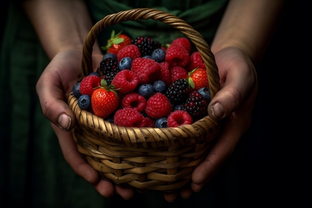 Hände halten einen Korb mit Beeren. Bildgenerative KI