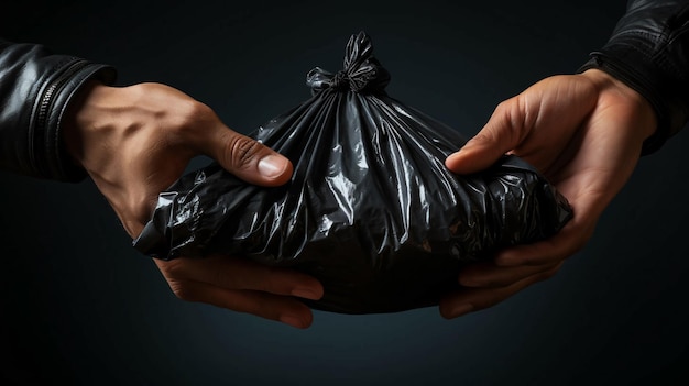 Hände halten einen schwarzen Plastikmüllsack mit Abfall. Das Konzept des Recyclings wird durch eine separate KI generiert