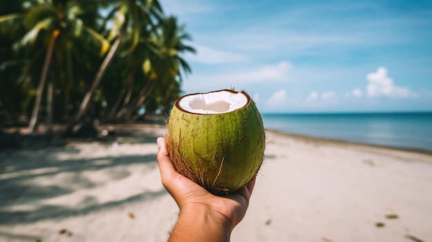 Hände halten grüne Kokosnuss mit Stroh am Strand Generative KI