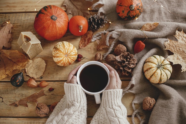 Foto hände halten warme tasse tee und kürbisse, herbstblätter, gemütlicher schal auf rustikalem holztisch, flach liegend, hygge-herbsthaus, gemütliches herbstbanner, frohes erntedankfest