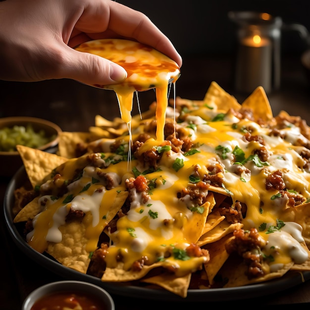 Hände heben mexikanische Nachos mit viel geschmolzenem Käse auf