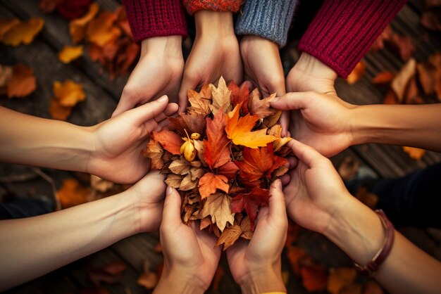 Hände Herbst Gruppe gesund glücklich