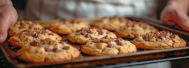 Hände in Nahaufnahme, die ein Backblatt mit mit Schokolade bedeckten Keksen aus dem Ofen entfernen