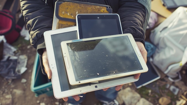 Hände mit alten Laptops, Tablets und Smartphones in einer Retro-Tech-Sammlung