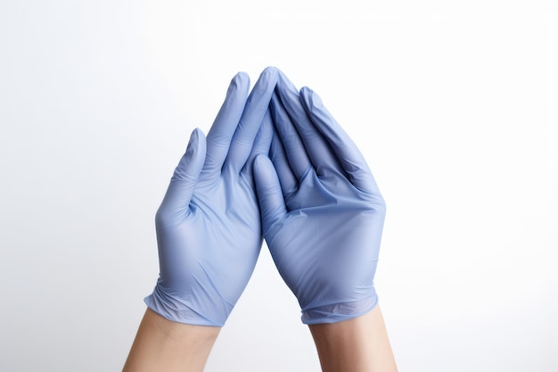 Hände mit blauen Handschuhen, weißer Hintergrund, generative KI