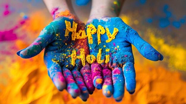 Hände mit einer Handvoll farbiger Pulverfarben mit dem Text Happy Holi