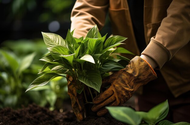 Hände mit Gartenhandschuhen halten Gartenpflanze hoch