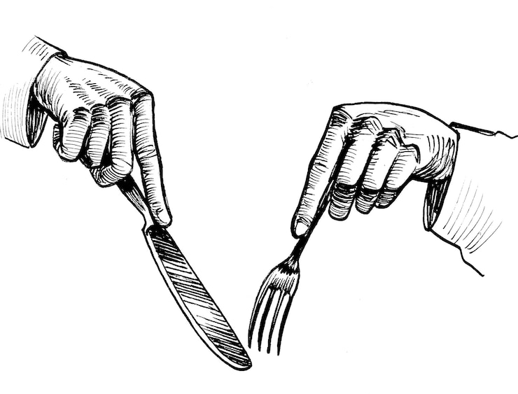 Foto hände mit messer und gabel. tinte schwarz-weiß-zeichnung