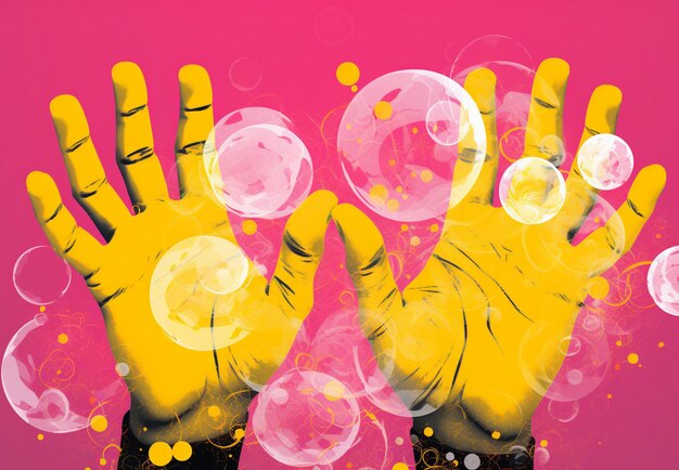 Hände mit Seifenblasen auf einem rosa Hintergrund