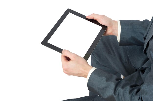 Hände mit Tablet-Computer auf Weiß
