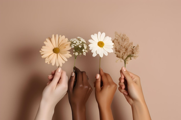 Hände mit unterschiedlichen Hautfarben halten wunderschöne Blumen. Schönheitsvielfalt, multiethnisches Konzept