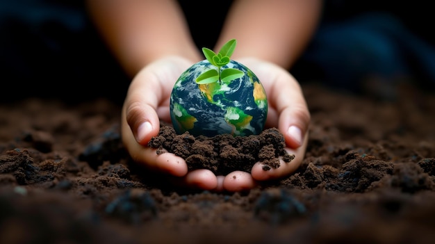 Hände pflegen eine Pflanze auf einer Miniatur-Erde für den Tag der Erde