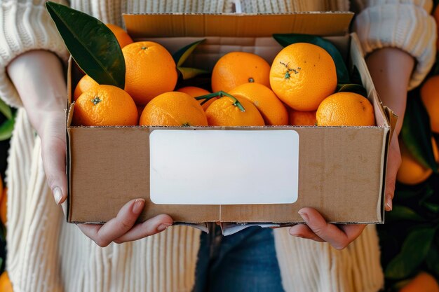 Foto hände präsentieren eine kartonbox voller reifer, saftiger orangen mit grünen blättern, die frische und bio-produkte bedeuten