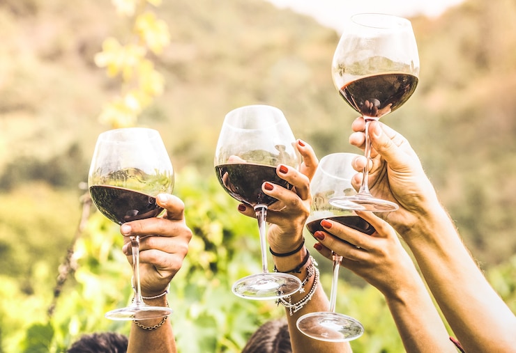 Foto hände rösten rotweinglas und freunde, die spaß beim anfeuern bei der weinprobe haben