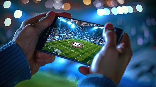 Foto hände spielen ein fußball-videospiel in einem handy