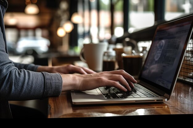 Hände tippen auf einem Laptop an der Theke eines Cafés