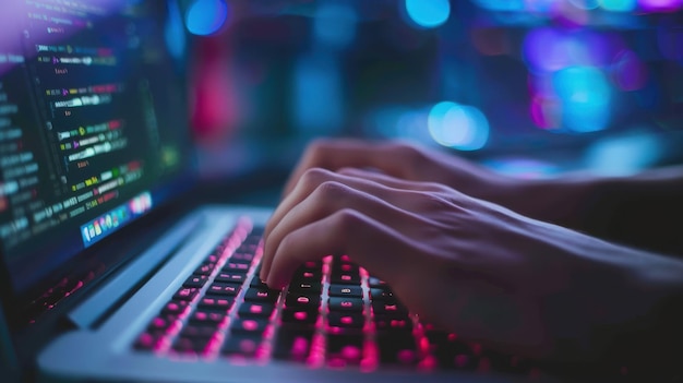 Hände tippen auf einer Laptop-Tastatur mit Fokus auf dem Bildschirm, der eine Programmierschnittstelle anzeigt