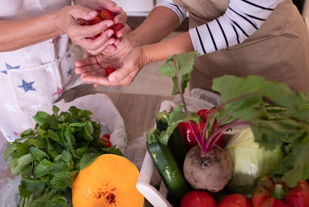 Hände von Frauen, die kleine rote Tomaten halten Mischung aus frischem Gemüse auf dem Tisch. Ernährung, gesundes, vegetarisches Konzept