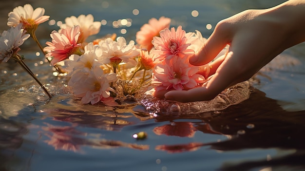 Hände von Mädchen, die heilige Blumen ins Wasser lassen