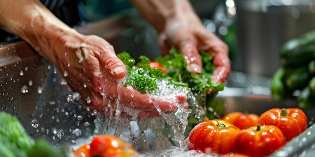 Hände waschen Gemüse Wasser spritzen Generative KI