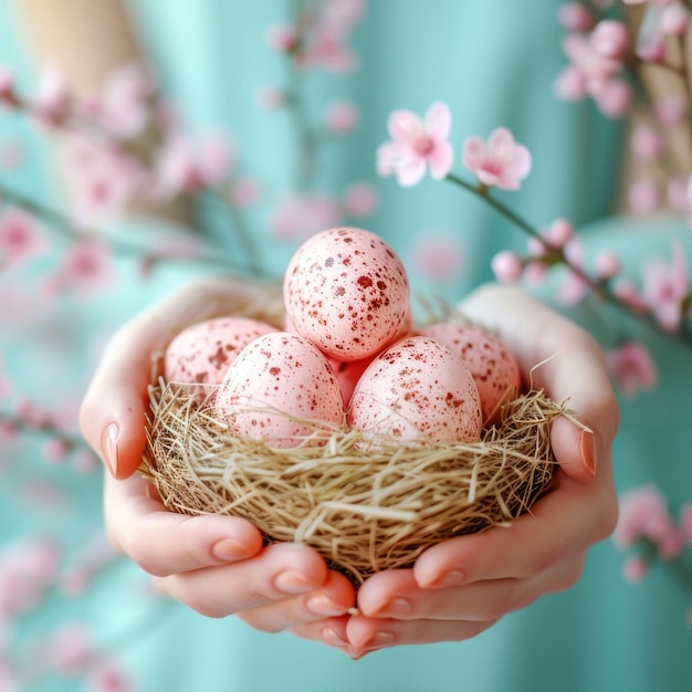 Hände wiegen das Nest mit fleckigem rosa Ostereiern