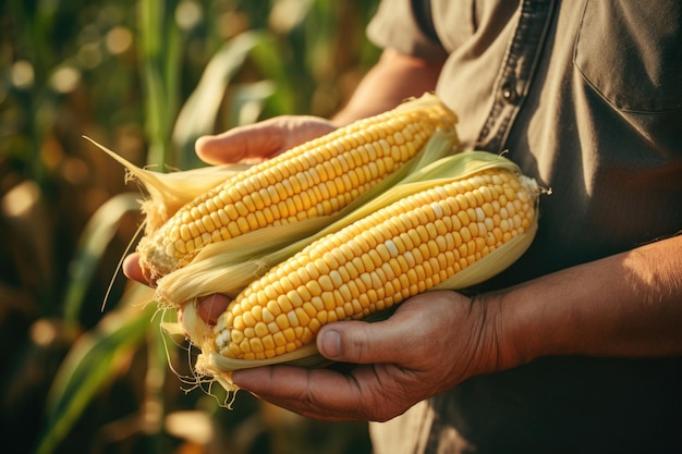 Hände zeigen eine Nahaufnahme von frischem Mais vor einem ländlichen Feld