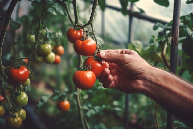 Hände zur Tomatenernte halten reife rote Tomaten. Generative KI