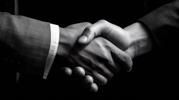 Händedruck zweier Geschäftsleute auf schwarzem Hintergrund Schwarz-Weiß-Bild Nahaufnahme