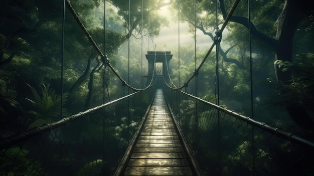 Hängebrücke im grünen Wald unter Regen Generative ai