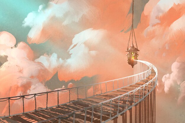 Hängebrücke zur hängenden Laterne in Wolken, Illustrationsmalerei