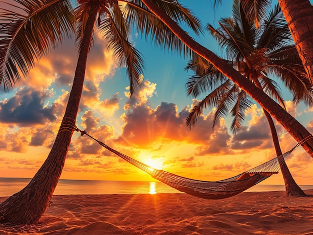 Hängematte am Strand bei wunderschönem Sonnenuntergang in der Nähe der Meeresküste, angebracht an einem Palmbaum im karibischen Urlaub