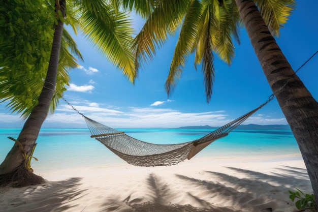 Hängematte am Strand mit Palmen im Hintergrund