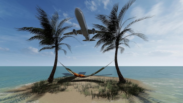 Hängematte an einem tropischen Strand unter Kokospalmen beim Start eines Passagierflugzeugs 3D-Rendering.