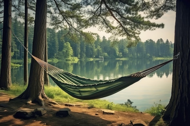 Foto hängematte in einem nadelwald in der nähe des sees