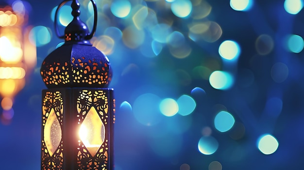 Hängende dekorative arabische Laterne, die in der Nacht leuchtet Einladung für den muslimischen heiligen Monat Ramadan Kareem