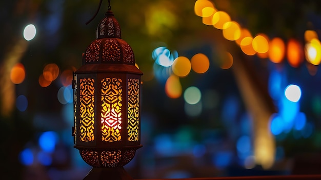 Hängende dekorative arabische Laterne, die nachts leuchtet Einladung für den muslimischen heiligen Monat Ramadan Kareem