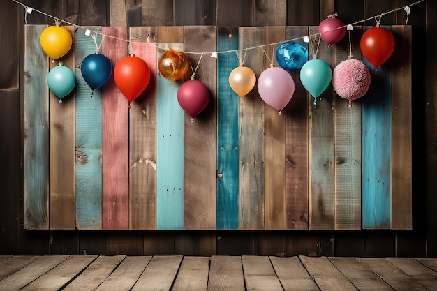 Hängende dekorative Fahnen und Ballon mit Vintage-Holzwand als Hintergrund