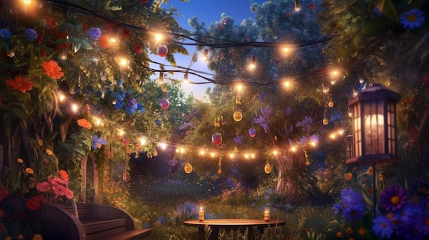 Hängende dekorative Weihnachtslichter für eine Party im fantasievollen magischen Garten generative ai