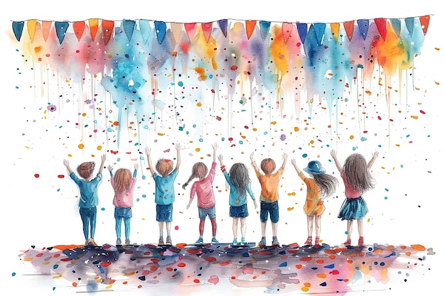 Foto hängende fahnen und fröhliche kinder feiern feiertage