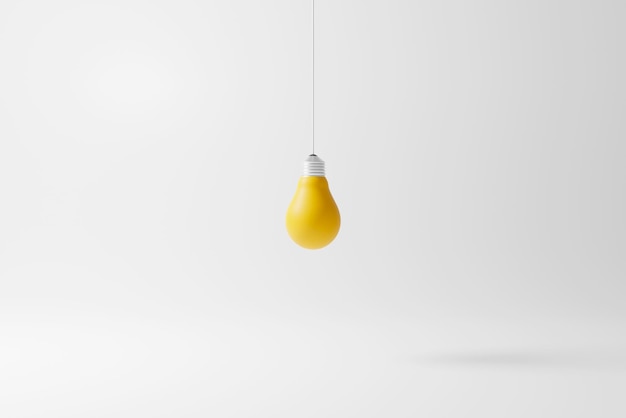 Hängende Glühbirne gelb stehend auf weißem Hintergrund Konzept der kreativen Idee und Innovation 3D-Darstellung