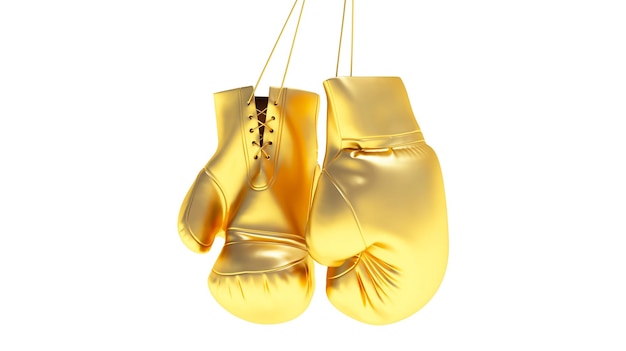 Foto hängende goldene boxhandschuhe isoliert auf weißem hintergrund 3d-render