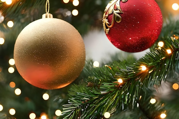 Hängende Goldkugel Christbaumkugel Dekoration am Weihnachtsbaum Hintergrund für saisonale Grüße
