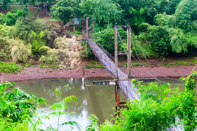 Hängende Holzbrücke über den Dschungelsee im tropischen Wald