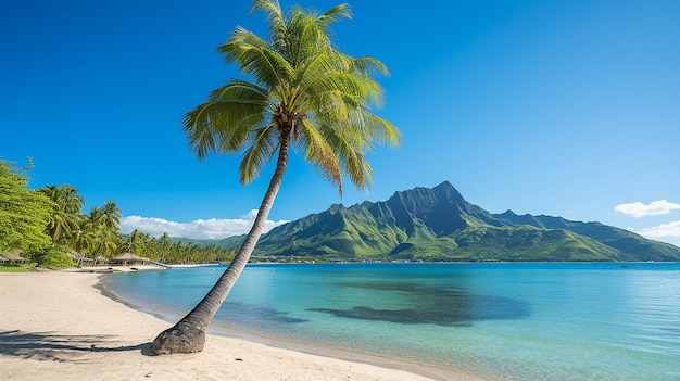 Hängende Palme am Strand Moorea Französisch-Polynesien Generative KI