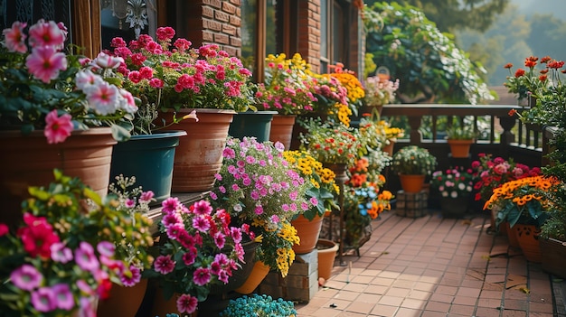 Hängende Pflanzen und eine Reihe von lebendigen Blumenpflanzen schmücken einen Heimterrasse-Garten. Schöne Szene, die mit diesen Blumen und Raum geschaffen wurde.