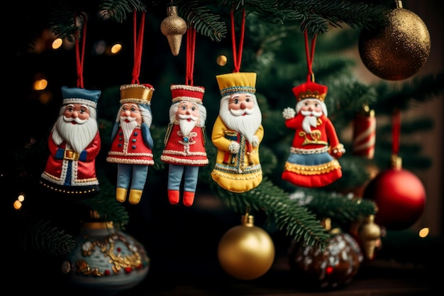 hängende rote Weihnachtsstrümpfe voller Geschenke, Kopierraum, grüner Hintergrund, generative KI