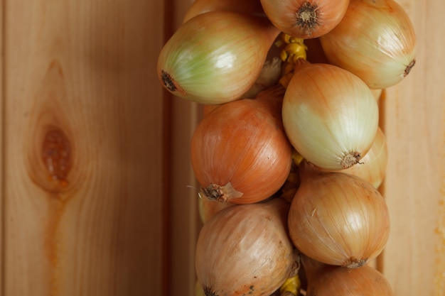 Hängende Schnüre aus weißen Zwiebeln