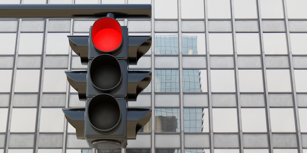 Hängendes Verkehrsrot Hellrotes Stoppsignal auf Wolkenkratzerhintergrund Unter Ansicht 3d übertragen