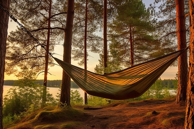 Hängeschleife zwischen zwei Bäumen in einem friedlichen Wald