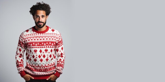 Hässlicher Weihnachtspullover-Tag. Junger Mann in gestrickter Kleidung, grauer Hintergrund, Banner-Kopierraum